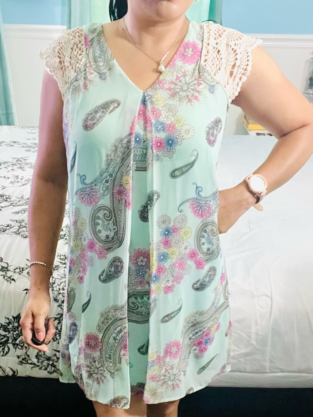Auditions Crochet Teal  Sleeve Floral Paisley V-Neck Mini Dress Women's Small